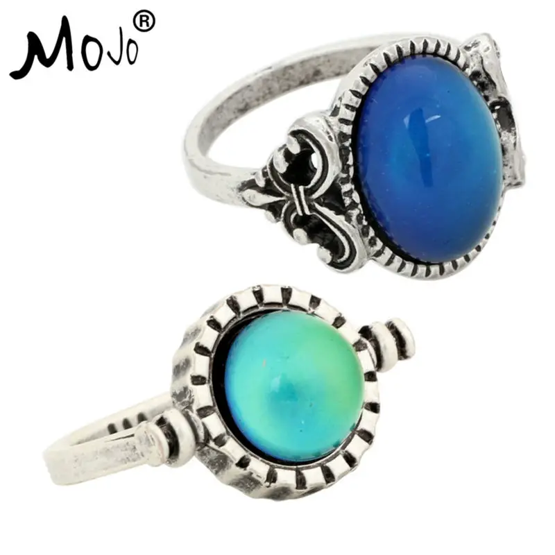 

2PCS Antique Silver Plated Color Changing Mood Rings Changing Color Temperature Emotion Feeling Rings Set For Women/Men 008-035