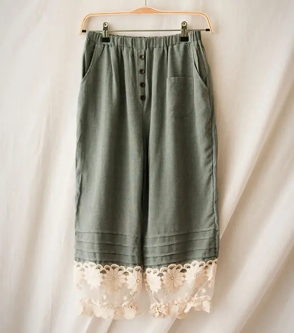 Dulce Pares Botón Bolsillo Princesa Lolita De Elástica Azul Cintura Decoraciones Encaje Cielo Fg153 Nueve Las Pantalones Multi Mujeres Algodón ZpHqpd