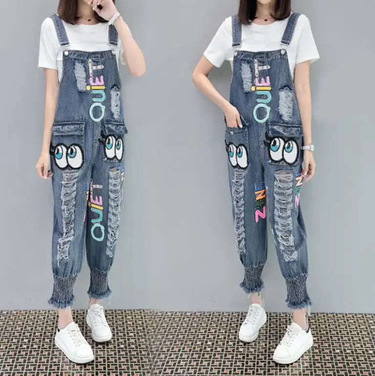 2018 Harajuku Street style women Denim Jeans Cartoon Sequined jean Jumpsuits Colored Letters and Ripped Hole Women Jean s1807 | Женская