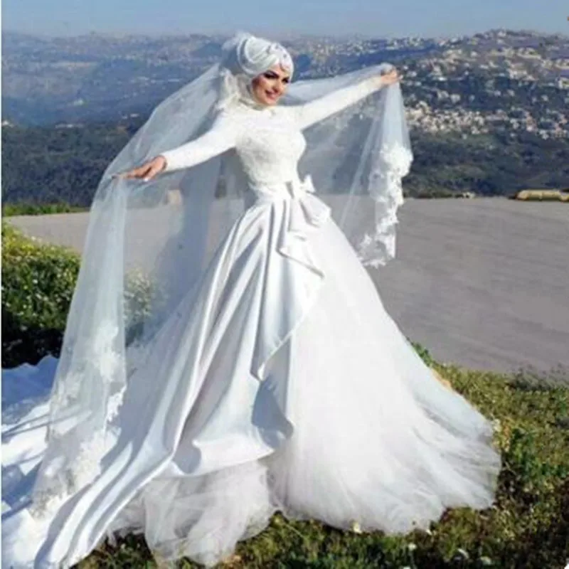 Elegant Islamic Wedding Dresses Ball Gown Full Sleeve With font b Hijab b font Arab Lace
