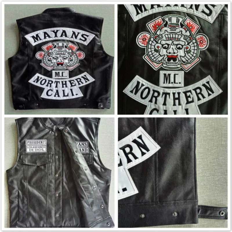 

Movie Mayans.MC Motorcycle Club Vest Jacket Exquisite Quality Embroidery Leather Vest Black Punk Coat Cosplay Costume