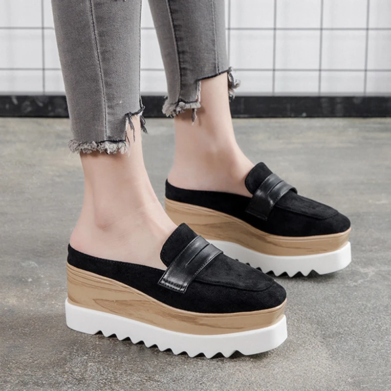 

Women Platform Wedges Mules Casual square toe Oxford flock Slides Slip on Shoes shallow Thick bottom Sandals pink khaki black