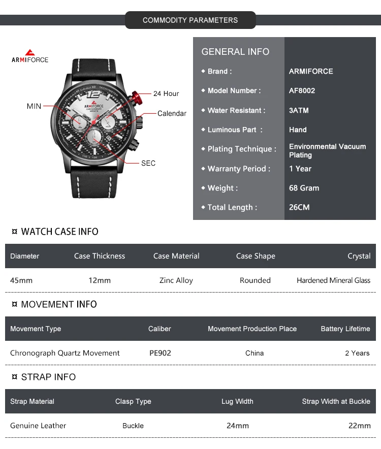 ARMIFORCE 2018 для мужчин часы мужской кожаный Дата кварцевые роскошные мужские часы бренд водостойкий Спортивный Хронограф Relogio Masculino