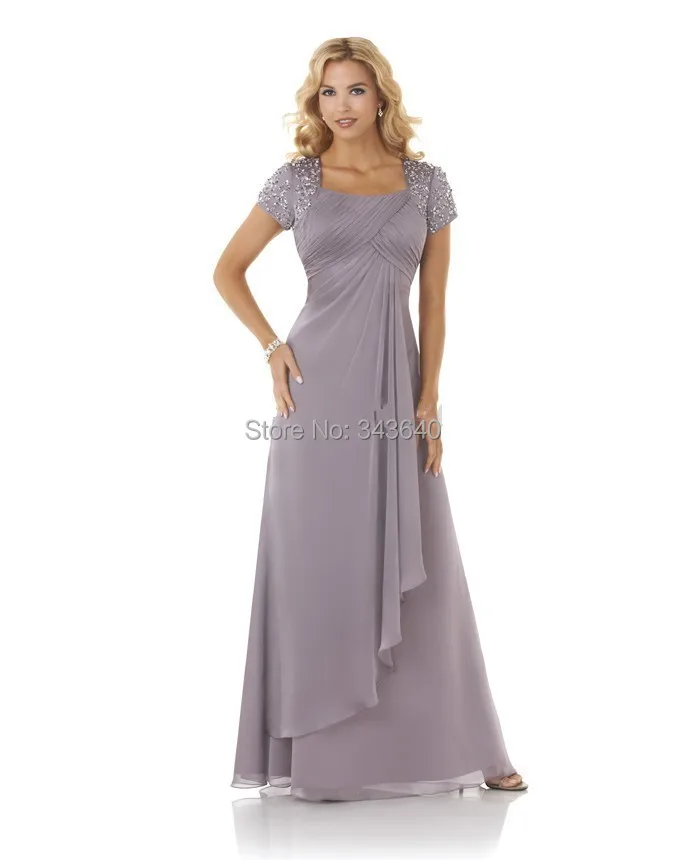 2014 Newly Arrived Luxury Custom Made Top Quality Mother Of Bride Dress Short Sleeves Pleat Beaded Free Shipping | Свадьбы и