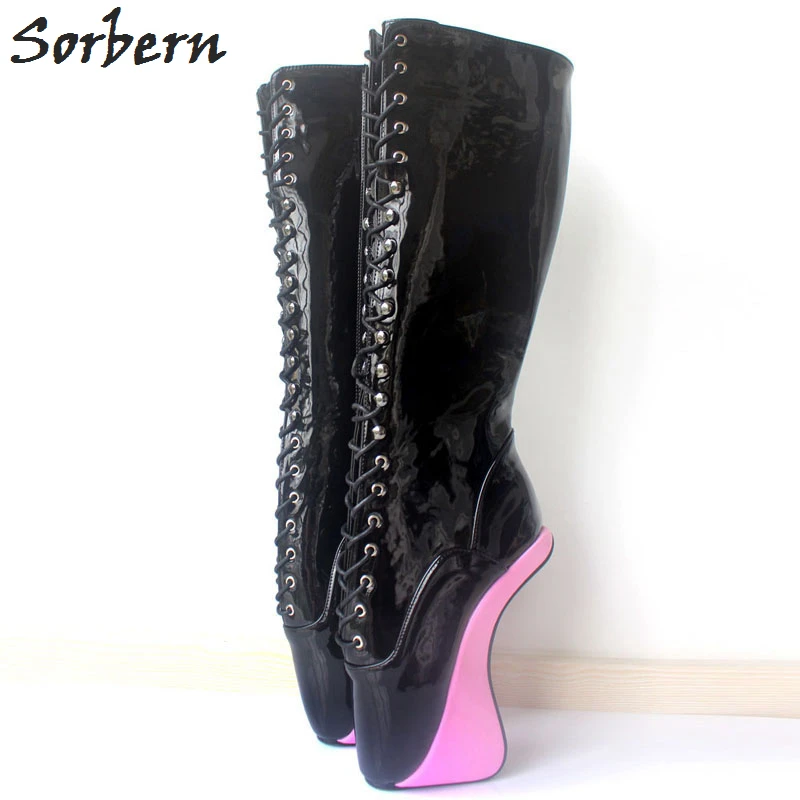 

Sorbern Women Boots Fashion Fetish Shiny PU Leather Shoes Ballet Boots 18CM Heelless Lace-Up Knee-High Russian Sexy Motorcycle B