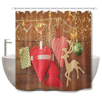 

LB Retro Wooden Reindeer Garland Light Bathroom Shower Curtain Christmas Image of Fabric Red Hearts And Tree For Bathtub Decor