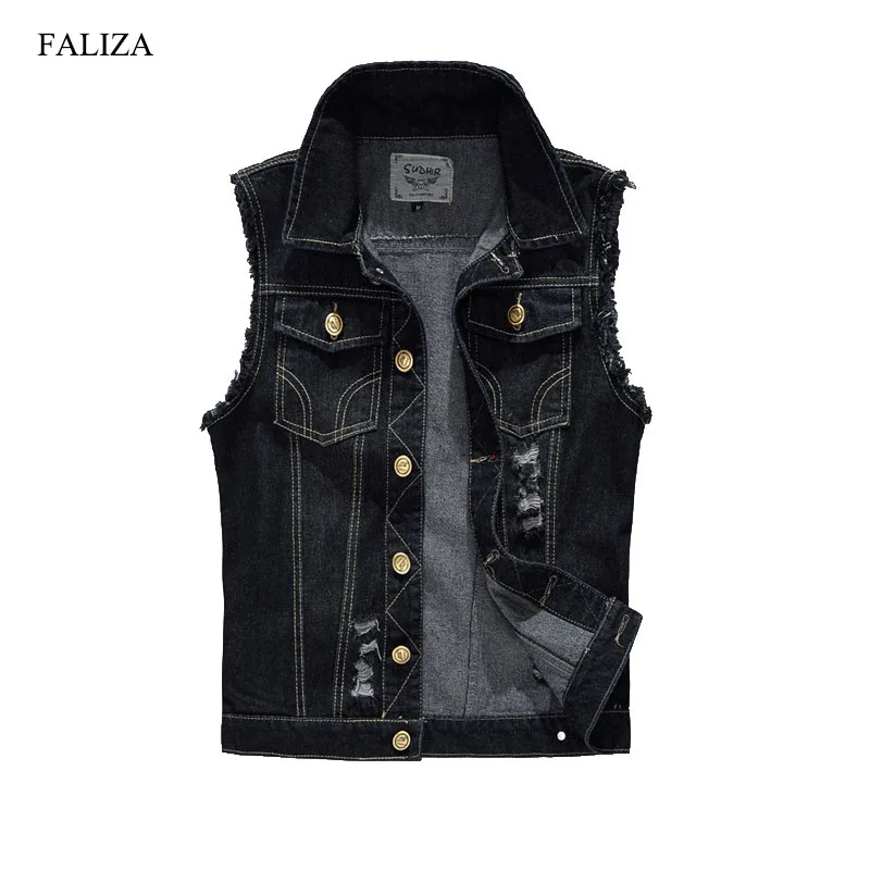 

FALIZA Denim Vest Mens Jackets Sleeveless slim black Outerwear mens denim Coats jackets Tank Top Cowboy Male Ripped Jacket MJ-I