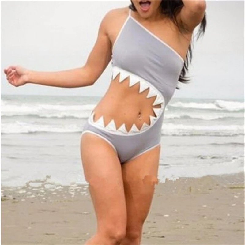 2017 Sexy Shark Cut Out One Piece Bodysuit Swimwear Female Women's