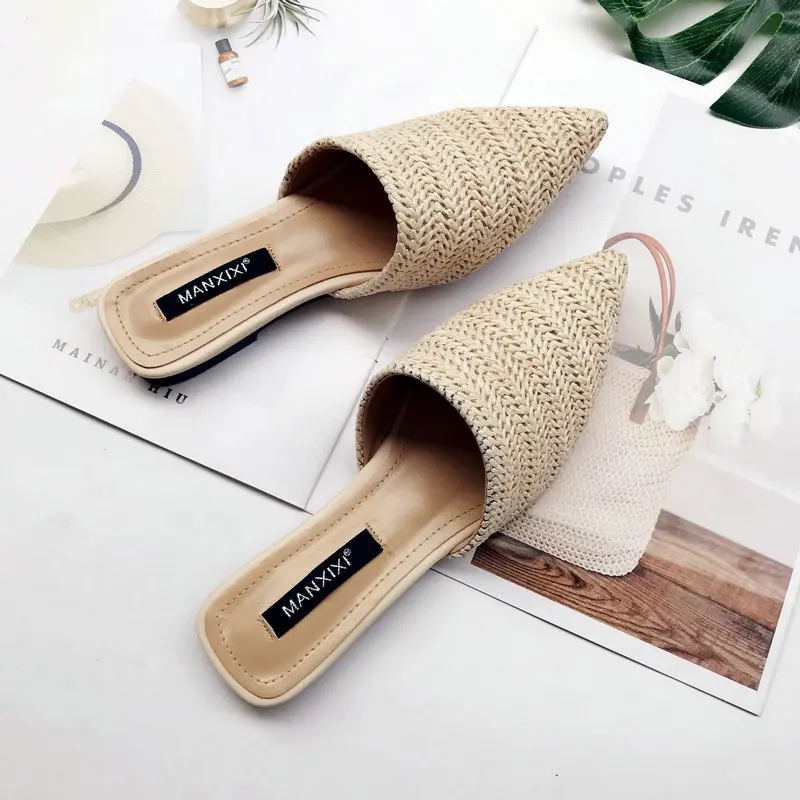 

2019 Women Slippers Fashion Pointed Toe Weave Mules Shoes Flat Slides Summer Beach Flip Flop Outside Slip On Shoes