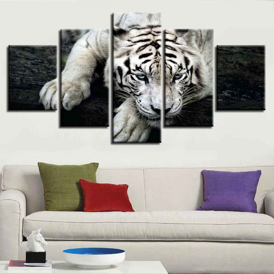 

Modular Canvas Art Framework Poster HD Printed 5 Pieces White Tiger Animal Paintings Decor For Living Room Wall Artwork Pictures