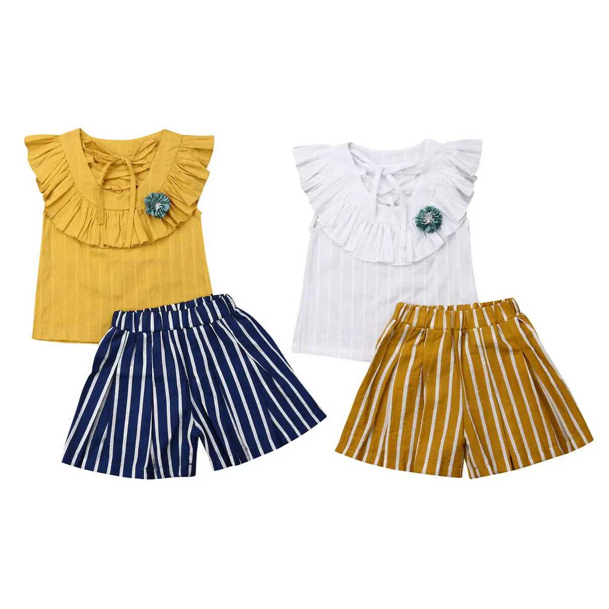 

Lovely Toddler Kids Baby Girl Sleeveless Ruffles Flower T-shirt Tops Striped Wide Leg Shorts Pant Bottom 2PCS Girls Clothing Set