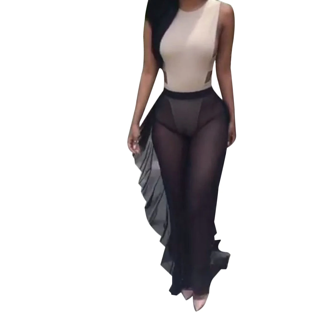 Sexy Women Wide Leg Pants Summer Ladies Mesh Sheer Bathing Suit See-Through Pants Wide Leg Trousers Black White Pink