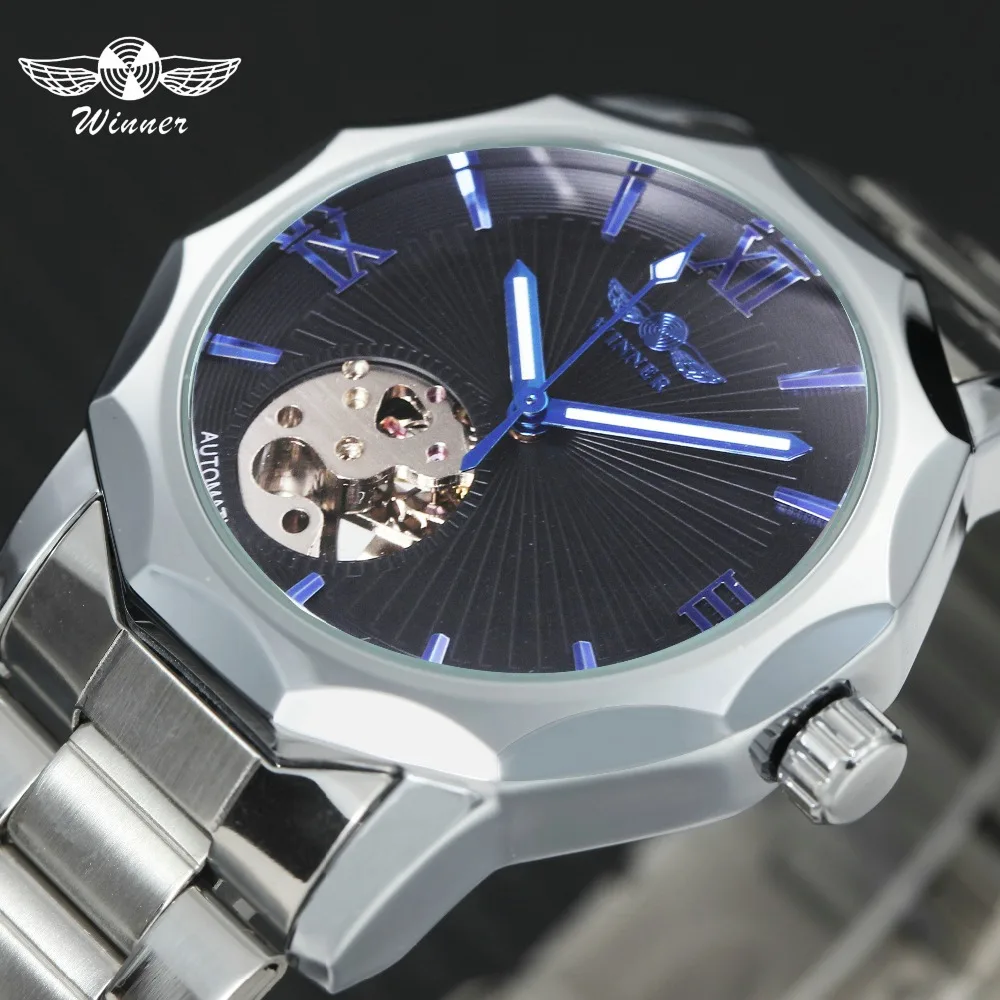 WINNER Classic Dress Watch Men Stainless Steel Strap Auto Mechanical Wristwatches Skeleton Black Dial Business relogio masculino WINNER Classic Dress Watch Men Stainless Steel Strap Auto Mechanical Wristwatches Skeleton Black Dial Business relogio masculino