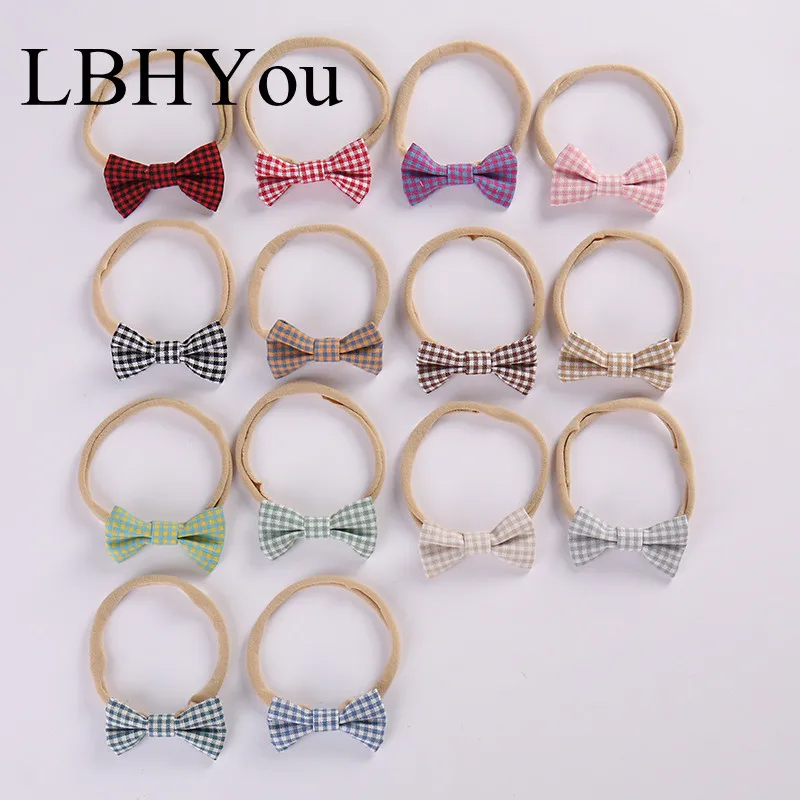 

13pcs/lot Handmade Cotton Linen Bows Nylon Headbands,Hand Tie Plaid Knot Bow Nylon Head Wraps Soft Head Wear Baby Hair Accessory