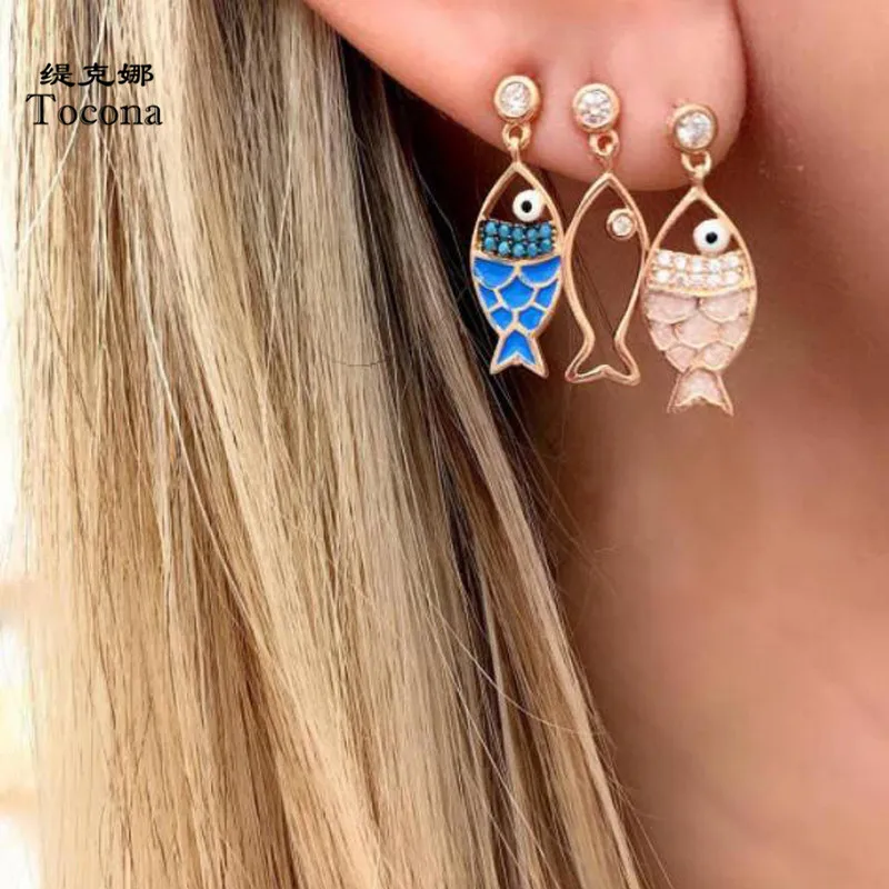 

Tocona 3pcs/sets New Arrival Stud Earrings Gold Color Hollow Blue Pink Lovely Fish Shape Jewelry Girl Women Birthday Gift C09207
