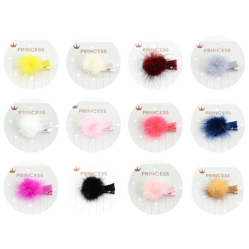 

12 Pcs Korean Fur Ball Pompom Hair Clip Pin Barrettes Headwear For Baby Girls Random Color