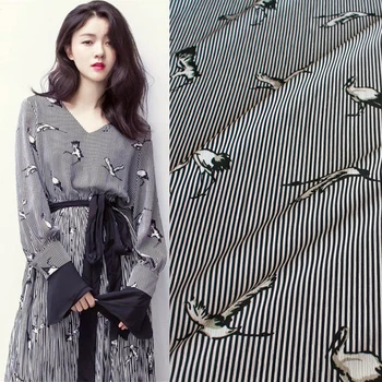 

150 cm crane printed chiffon fabric meter non-perforated scarf dress polyester striped fabric material chinese fabrics
