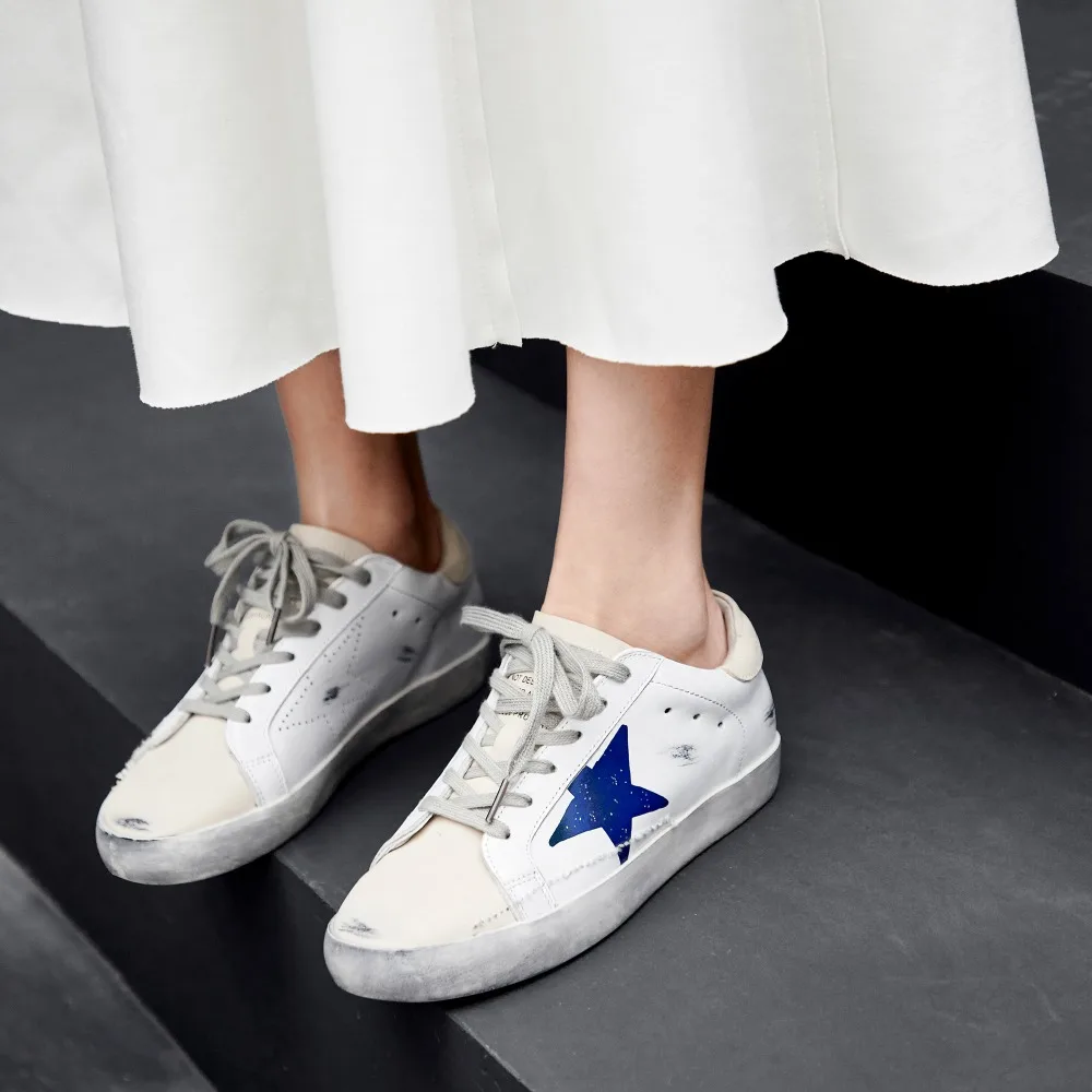

2019Spring New Distressed Sneakers Women Casual Retro Genuine Cow Leather Skateboard Shoes Doing Old Golden Shoes Dirty Sneakers