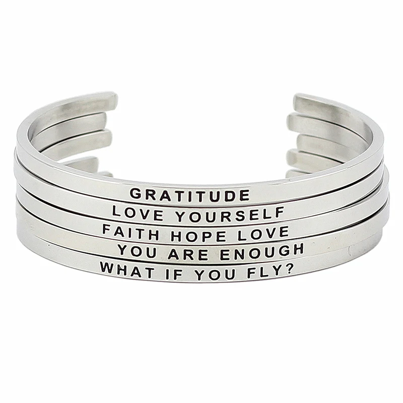 

Hot Sale Stainless Steel Engraved Positive Inspirational Cuff Bracelet Mantra Bangle for women