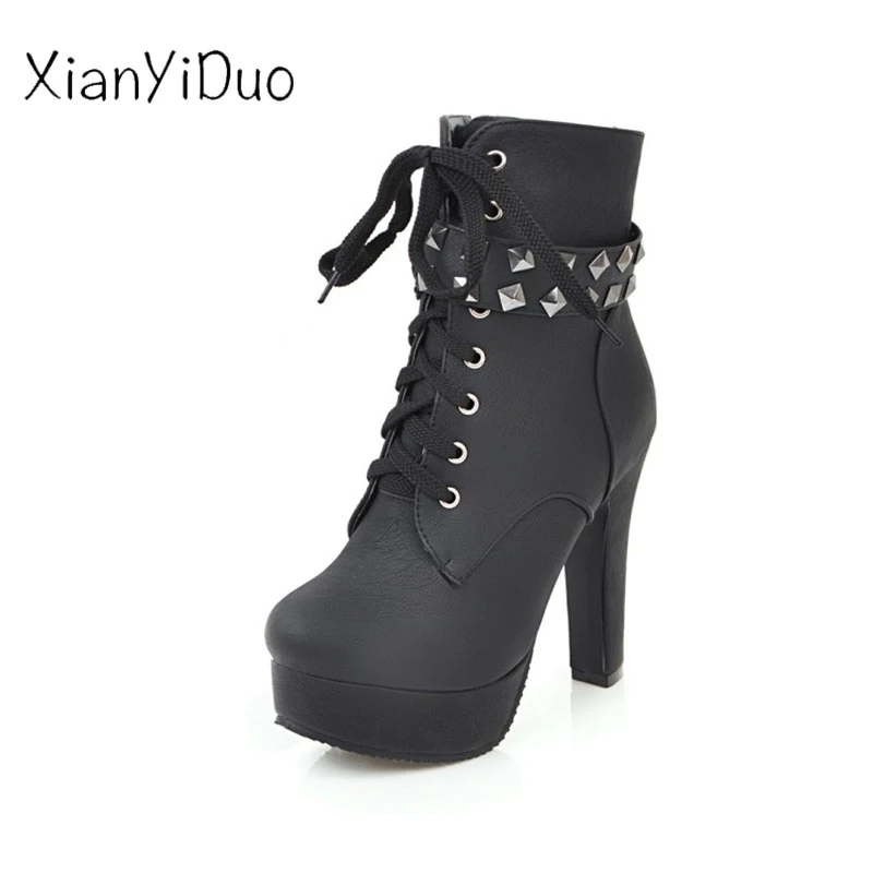 

Xianyiduo Spring/Autumn Women's Shoes Cross-tied ankle Boots Round Toe Short Plush high Heels platform large size 34-50 /s-3