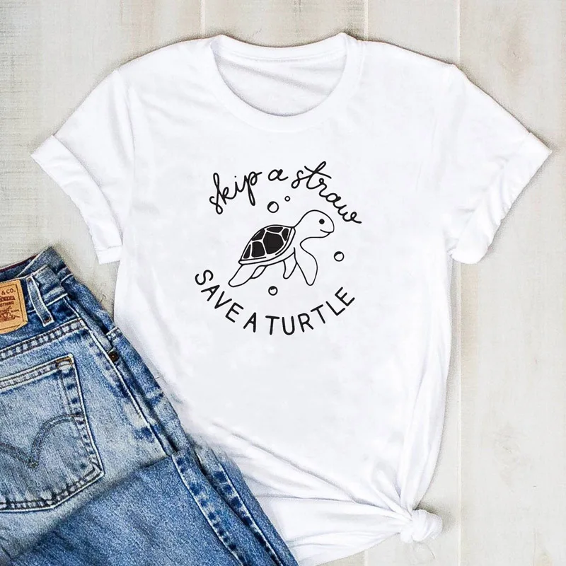 

Summer Skip A Straw Save A Turtle T-shirts Unisex Women Graphic Tee Top Casual Slogan Tumblr Tshirt Earth Day Environment Shirt