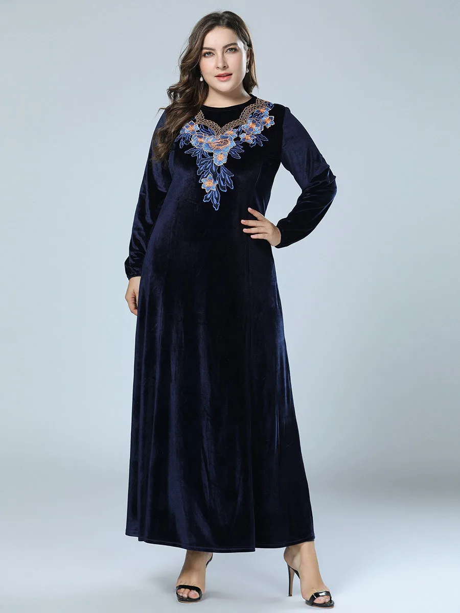 Женское Moslim abaya платье из Дубая с вышивкой темно синее длинное мусульманское