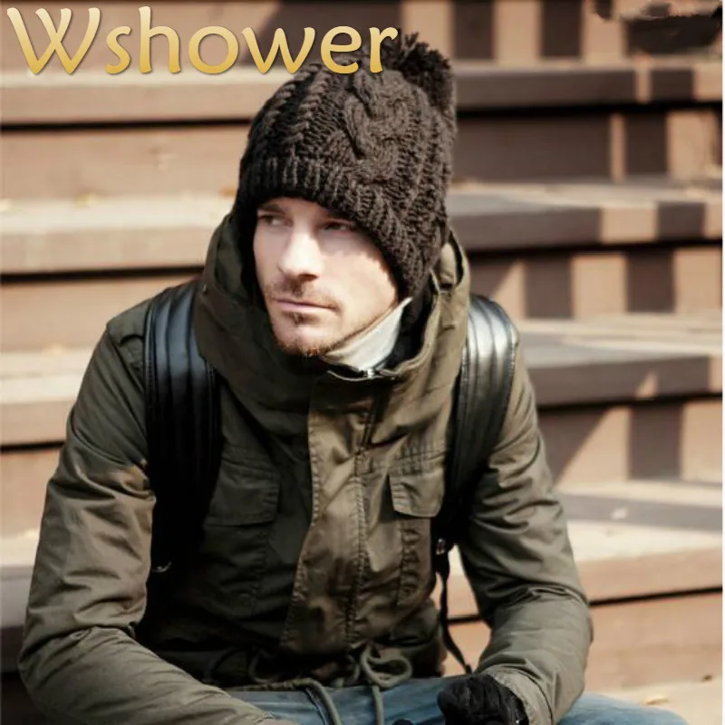 

Which in shower Adult Women Men Cable Wool Pom Pom Winter Hat Crochet Knitted Winter Warm Skullies Beanie Cap Black Coffee Beige