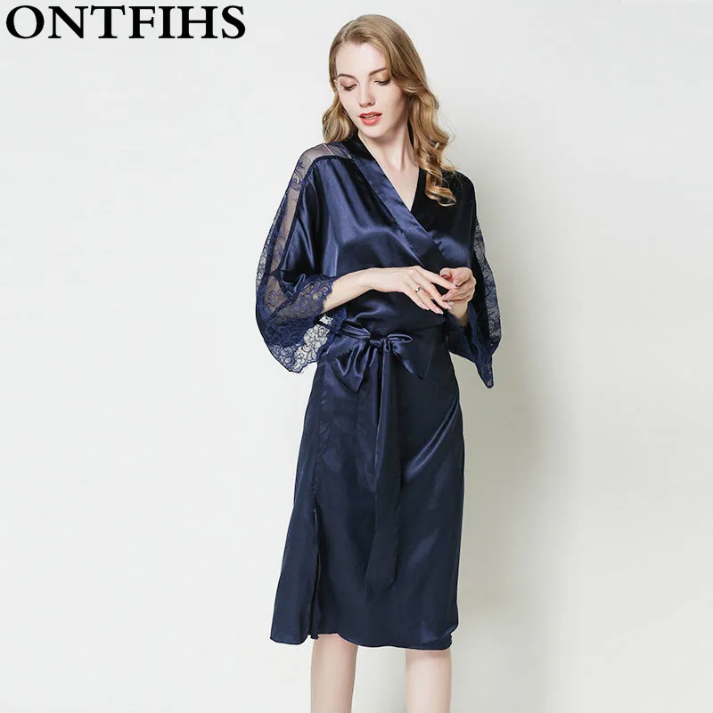 Silk Robe Female Sexy Lace Satin Robe Spring Kimono Silk Bath Robe Sleepwear Women Dressing Gown