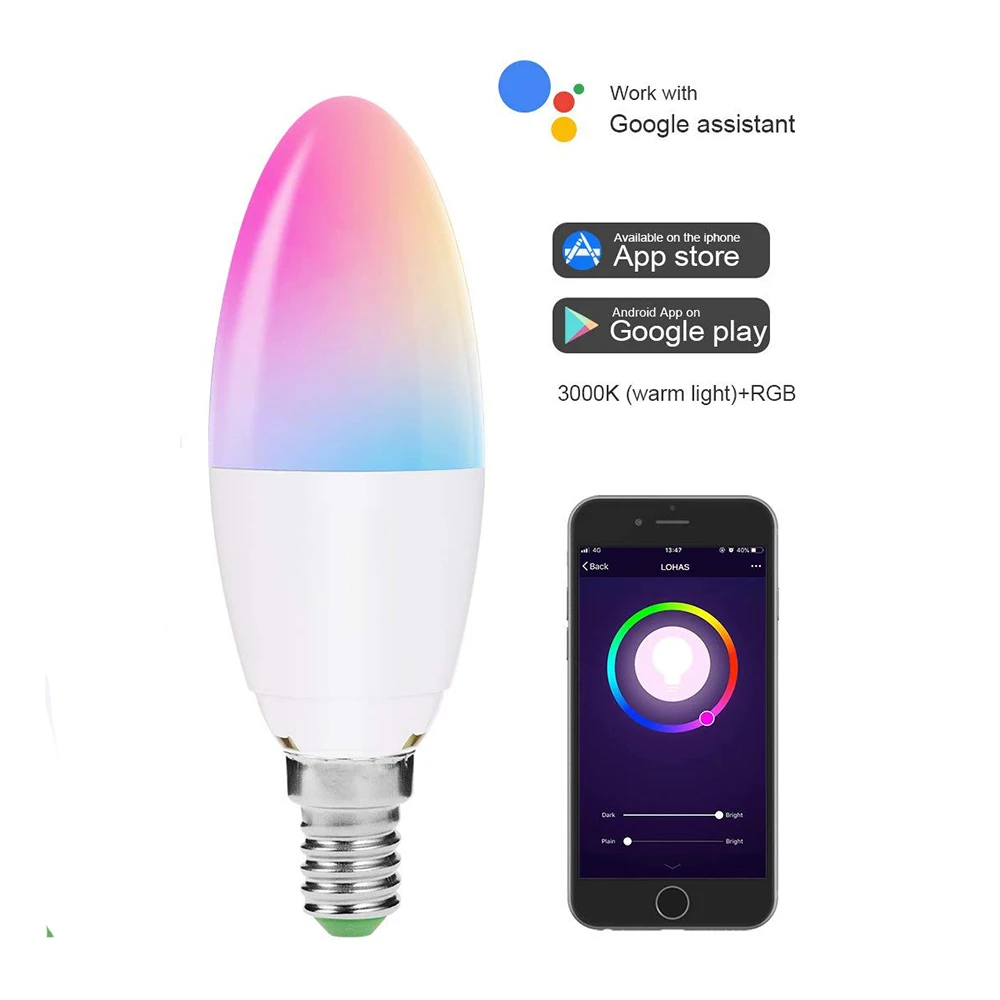 

Smart E14 WiFi LED Candle Bulbs Works with Alexa Google Home 5W Equal to 40W LED Bulb RGB+Warm White Colour Changing Mood Light