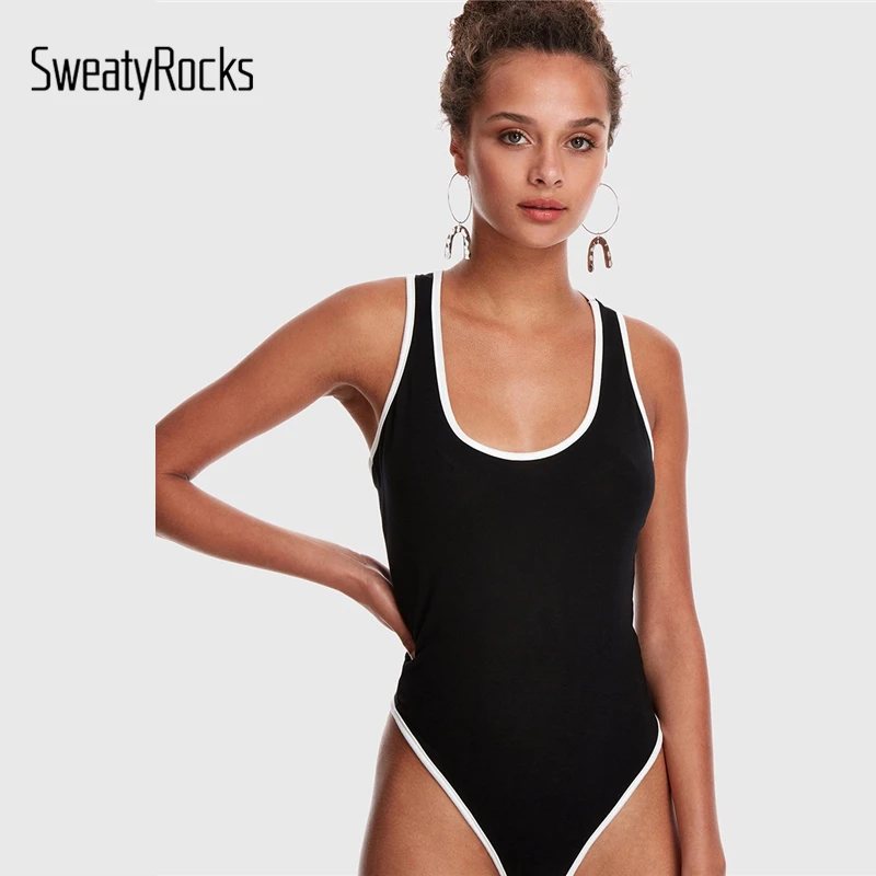 

SweatyRocks Solid Contrast Binding Racer Back Bodysuit Sleeveless Women Black Tank Bodysuit 2019 Summer Skinny Sexy Bodysuit