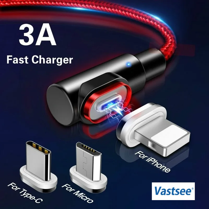 90 градусов 1 м/2 м 3A Быстрый Магнитный кабель для Iphone Type C Micro USB быстрой зарядки Galaxy