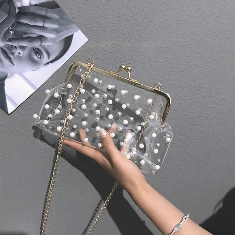

Summer Female 2019 New Chic Pearl Shoulder Bag Transparent Girl Hand Bag Clear Chain Shell Women Messenger Bags Hasp Clutch bag
