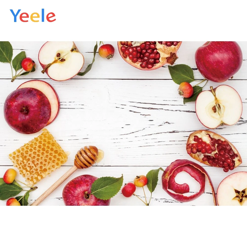 

Yeele Happy Rosh Hashanah Photography Backdrop Shofar Honey Pomegranates Apples Wood Board Custom Background For Photo Studio