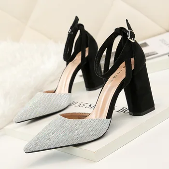 

Pointed Toe Mix Color Bling Shoes Woman Summer 2021 Ankle Buckle Block High Heel Sandals for Office Party