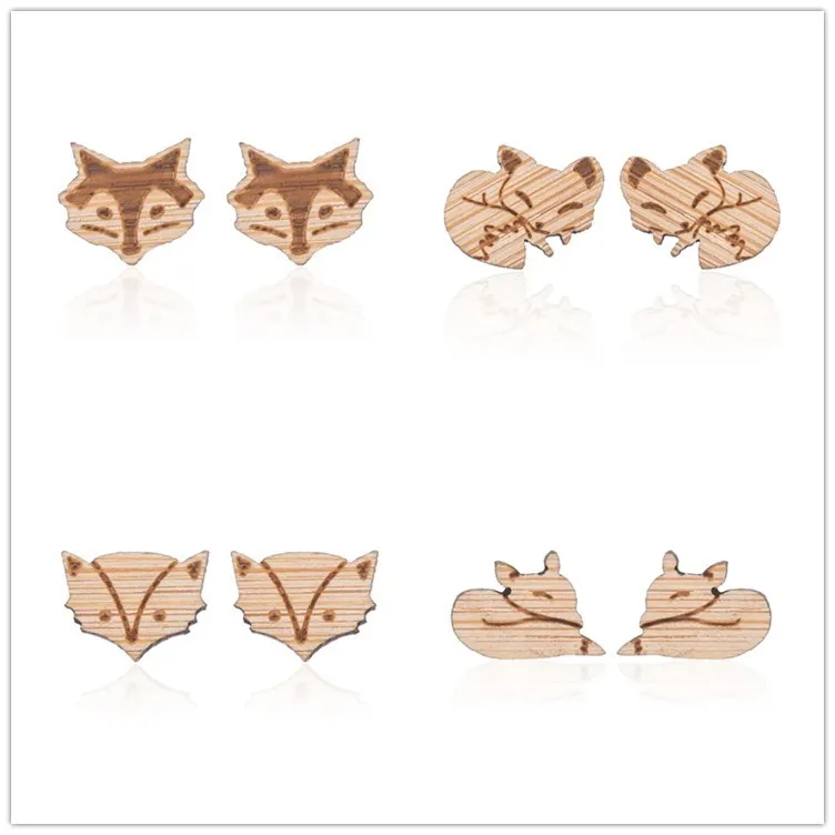 

Daisies Fox Wooden Stud Earrings Tiny Ear Studs For Women Girl Animal Jewelry Couple Bijoux Femme