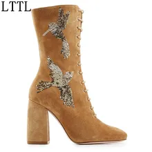 Зимний Декор птиц; ботильоны на массивном каблуке; женская замшевая обувь на высоком каблуке; модные женские ботинки; большие размеры