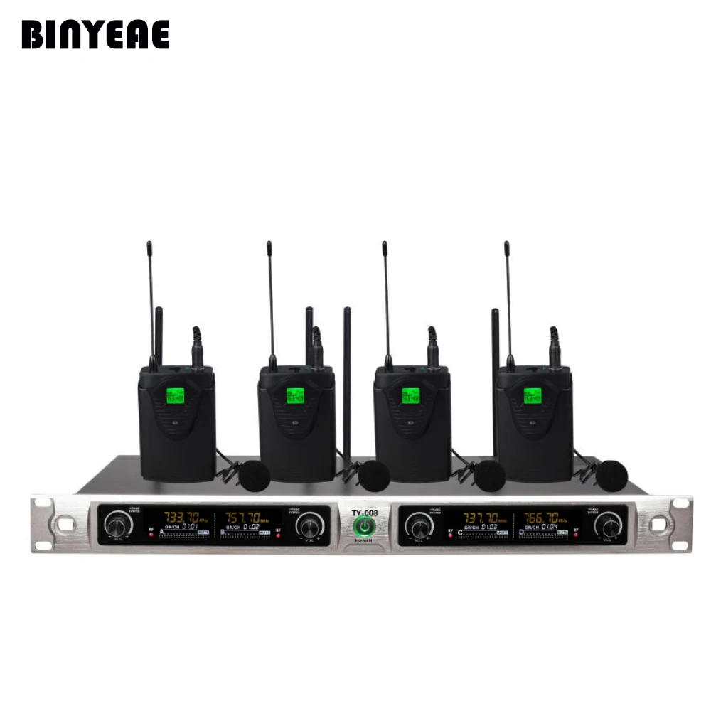 

BINEAE TY-008C Professional 700-800 MHz Frequency Four Channel Dynamic Wireless Microphones 4 Lavalier Microphone for Live Stage