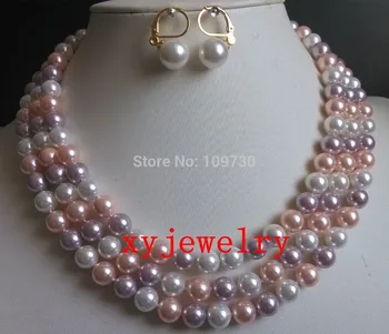 

Free Shipping Jewelry 00804 beautiful 3 row 8mm white pink lavender shell pearl necklace/ earring set can choose (A0428)