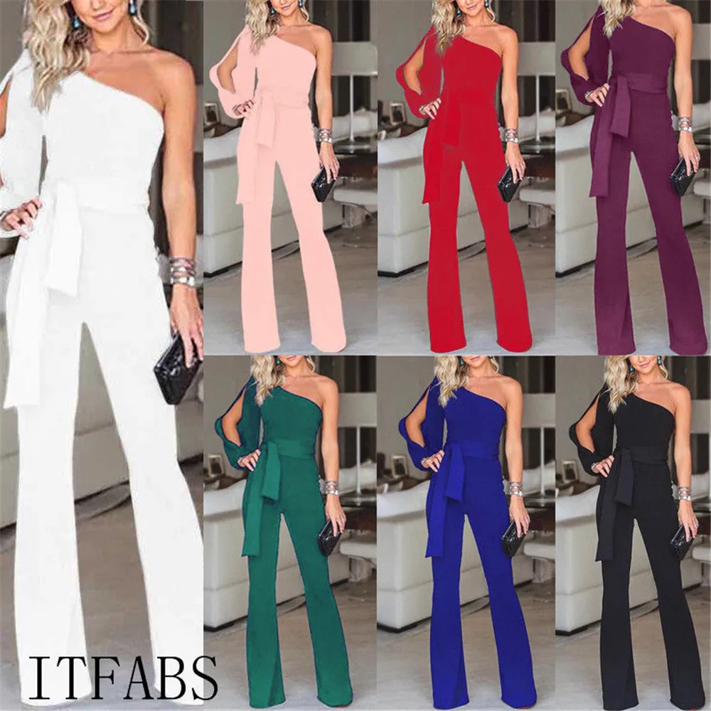 

Women Summer Clothes Clubwear Playsuit Jumpsuit Solid Casual One Shoulder Long Trousers Pants Regular Size Cotton Blend
