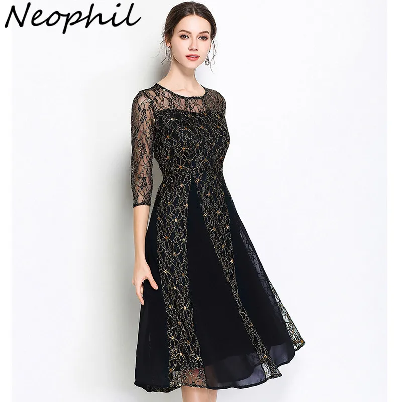 

Neophil 2019 Summer Ladies Floral Embroidery Lace Hollow Out Mesh Patchwork Midi Dresses Fit Flare Bohemian Women Vestidos D1611