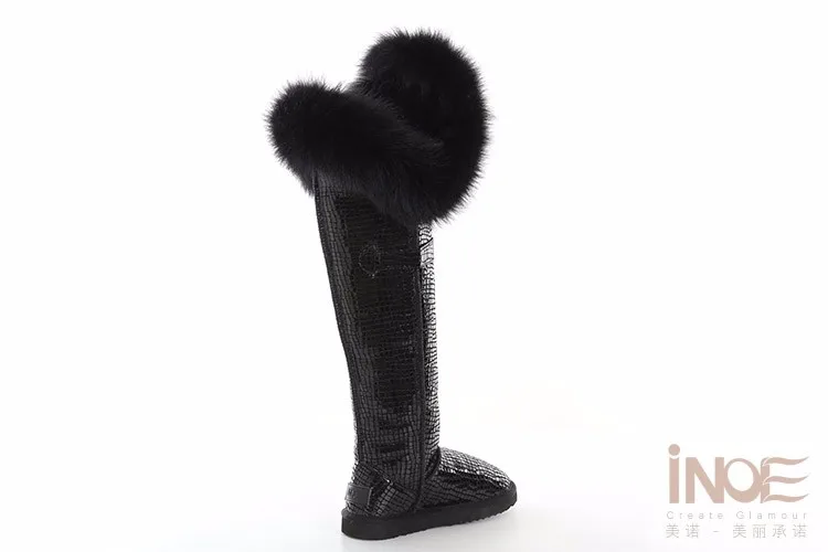 Новые модные высокие зимние сапоги выше колена из натуральной коровьей кожи с натуральным лисьим мехом, зимние женские сапоги черного цвета