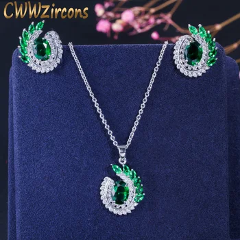 

CWWZircons Classic Leaf Shape Green Cubic Zirconia Trendy Pendant Necklace and Earring Jewelry Sets for Ladies Fashion Gift T055