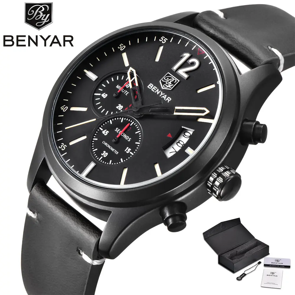 

BENYAR Genuine Leather Mens Military Watch Chronograph Date Display + BOX, Quartz Movement Pilot Business Sport Design