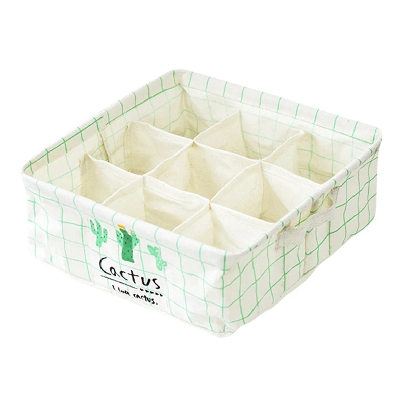 9 Grids Cactus Print Storage Box Cotton Linen Clothing Storage Sundries basket Home Organizer - Цвет: White