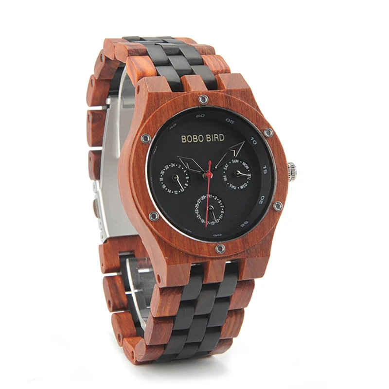 BOBO BIRD EN18 Handmade Analog Men Wooden Quartz Watch Round Dial Unique Combination Ebony And Red Sandalwood Customzied