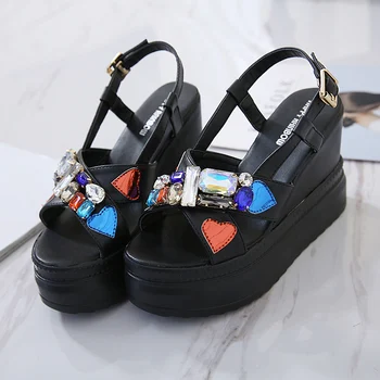 

Summer explosion models simple increase in thick bottom wedges sponge cake rhinestone fish mouth sandals high heels women