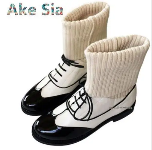 

Ake Sia 2017 new winter knit booties female small fragrance wind with patent leather lace wool socks plus velvet Martin boots #8