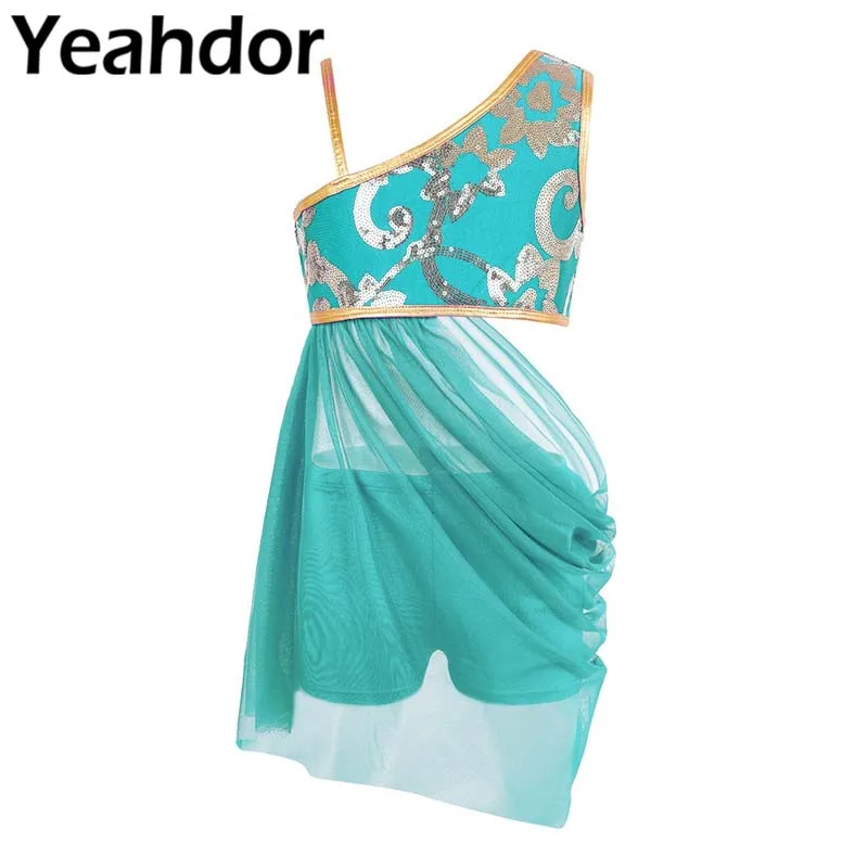 

2PCS Kids Girls One-shoulder Floral Sequins Top Side Waist Open Drap Skirt with Bottoms Set Lyrical Modern Contemporary Dance