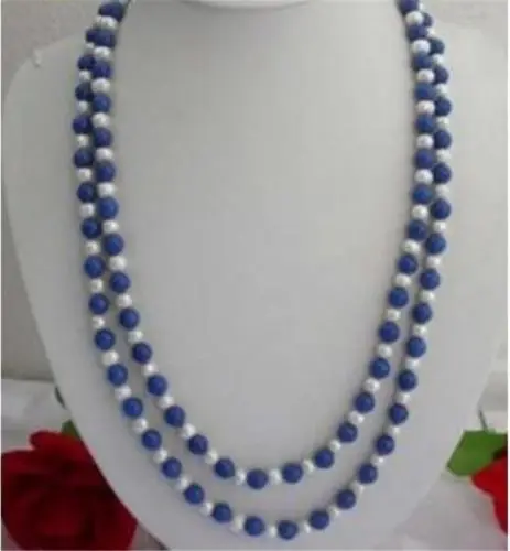 

free shupping J0035 Natural 8mm Egyptian Blue Lapis Lazuli & Real White Pearl Necklace 31" NEW