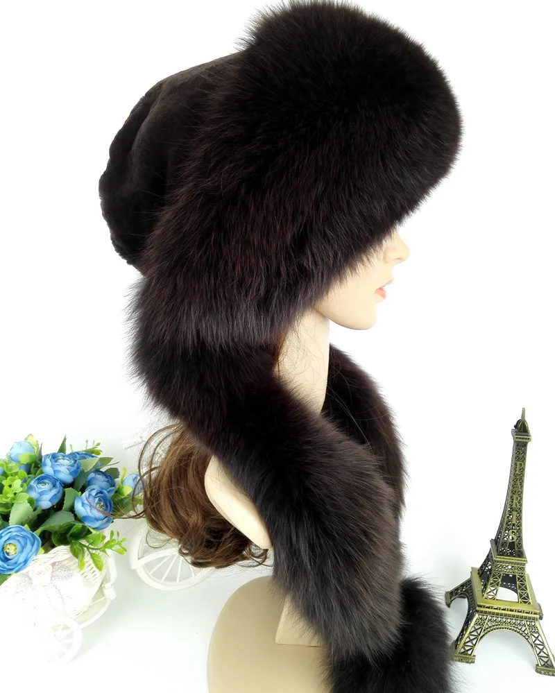 Для женщин натуральным лисьим мехом меховые шапки-бомберы с мехом кролика, искуственный мех, зимние теплые шапки модные ушей головные уборы для любителей LF4054